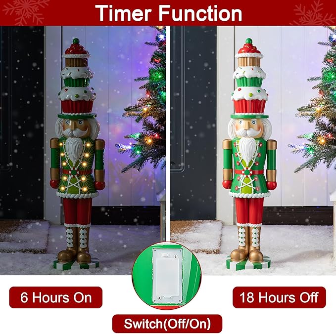 Glitzhome 28''H Lighted Resin Christmas Nutcracker with Cupcake Hat Porch Decor with Timer, Xmas Winter Patio Front Porch Indoor Outdoor Home Standing Decor