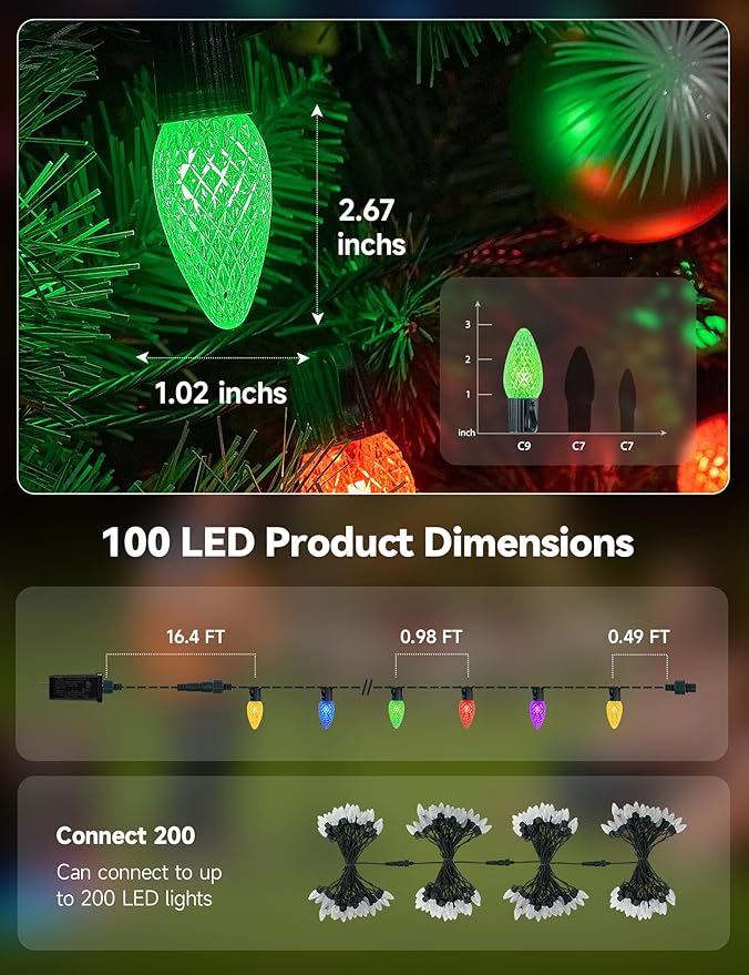 Minetom Smart C9 Christmas Lights Outdoor, 100 LED 115FT Christmas Color Changing Fairy Lights App Control, Music Sync, 105 Preset Modes, Connectable RGB C9 String Lights for House Indoor Xmas Decor