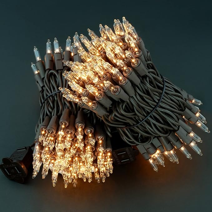 YULETIME 200 Clear Christmas Lights with Brown Wire, Pack of 2 Strands of 21 ft 100 Count UL Certified Incandescent Mini String Light (Clear - Brown Wire)