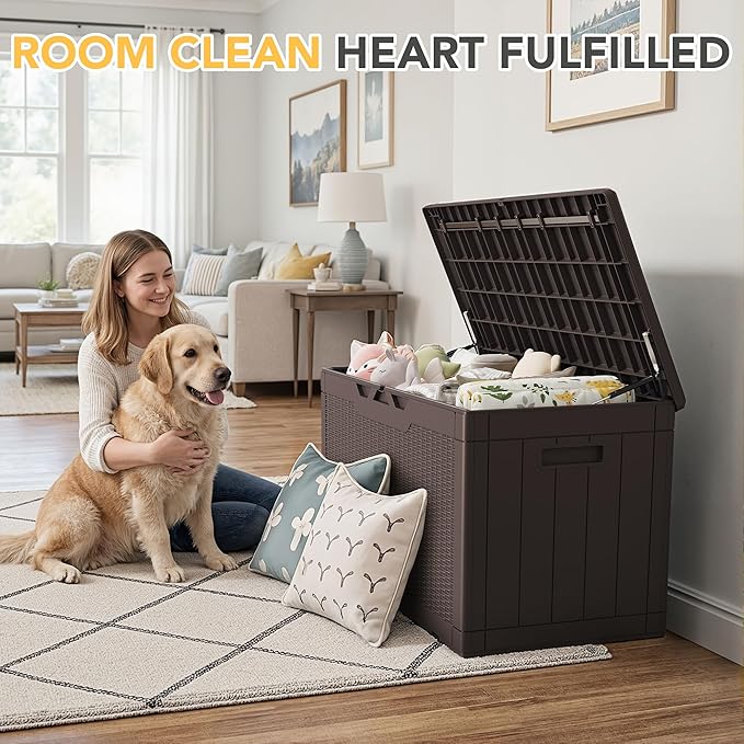 Greesum 100 Gallon Resin Deck Box Lockable Large Outdoor Storage Boxes for Garden Tools, Patio Furniture Cushions, Pool Supplies, Dark Brown