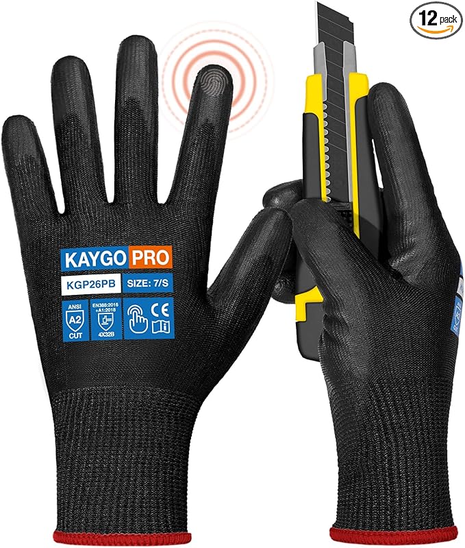 KAYGO Cut Resistant Gloves PU Coated, 12 Pairs Safety Work Gloves with full fingers Touchscreen, ANSI Cut Level A2, for Men and Women, Ideal for General Duty Work KG11P, Black,S