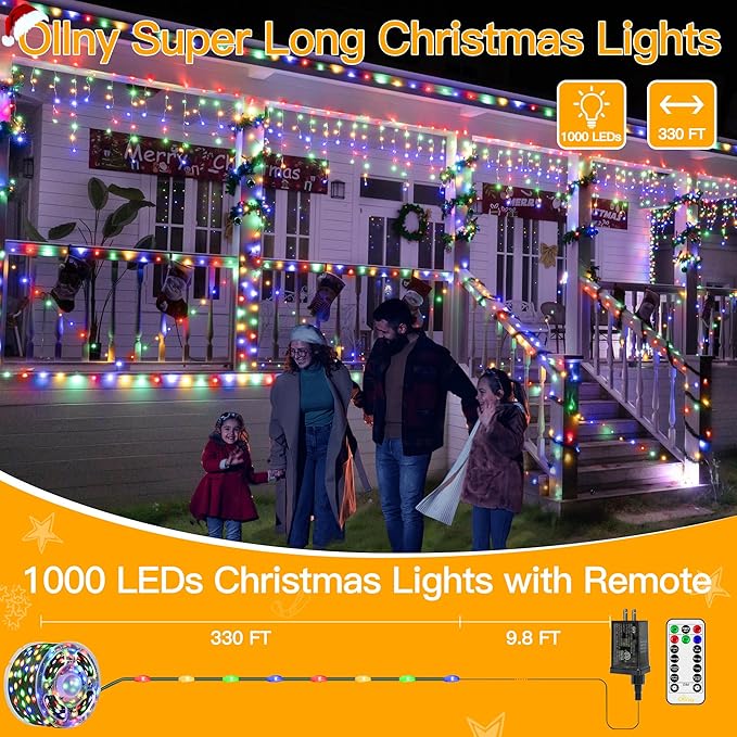 Ollny Christmas Lights 1000 LED 330 FT, IP67 Waterproof Plug in Christmas Tree Lights with Remote, 8 Modes, 3 Timers, Dimmable, House Xmas Indoor Decorations Outdoor Christmas Lights (Multicolored)