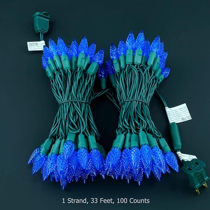 YULETIME Blue C6 Strawberry LED Christmas Lights, 33 ft 100 Count 4" Spacing One-Piece High Waterproof UL Certified String Light (Blue)