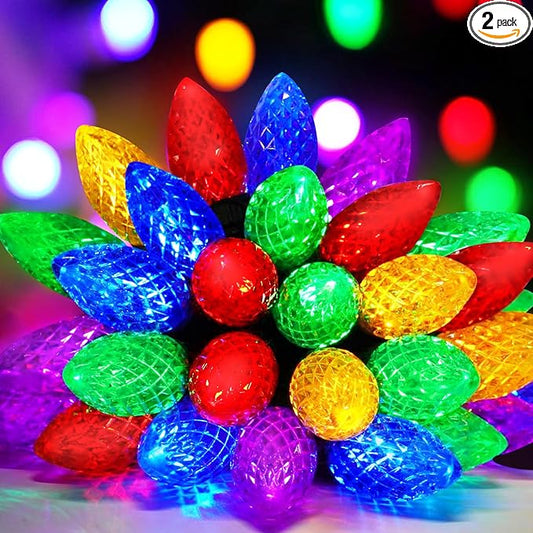 2-Pack Extentable C9 Christmas Lights Outdoor Indoor, 66 FT 100 LED Christmas String Lights Plug in with 8 Modes & Timer, Waterproof Fairy Twinkle Light for Xmas Tree Yard Decorations (Multi-Colored)
