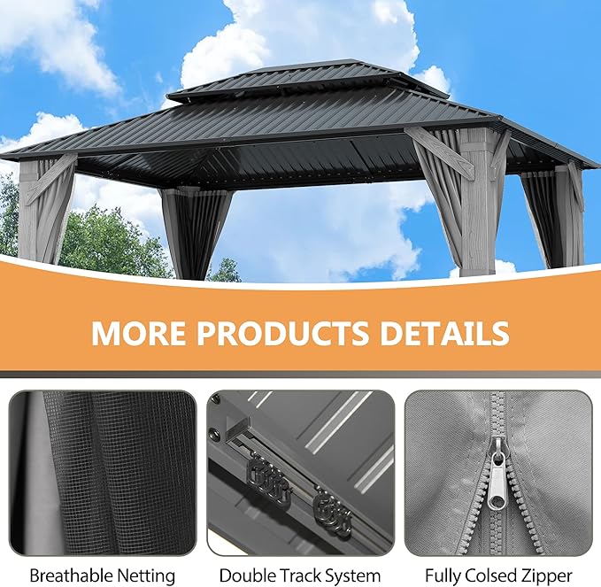 12'x16' Hardtop Wood Gazebo, Outdoor Double Roof Galvanized Steel Top Gazebo with Wooden Post, Curtains & Netting for Backyard, Patio, Deck (12x16 FT)