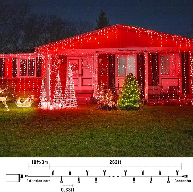 800 LED Christmas Lights Outdoor Indoor, String Lights for Outside with 8 Modes Waterproof, Plug in Twinkle Light Clear Wire for Xmas Tree, Patio, Garden, Party Decorations, Red