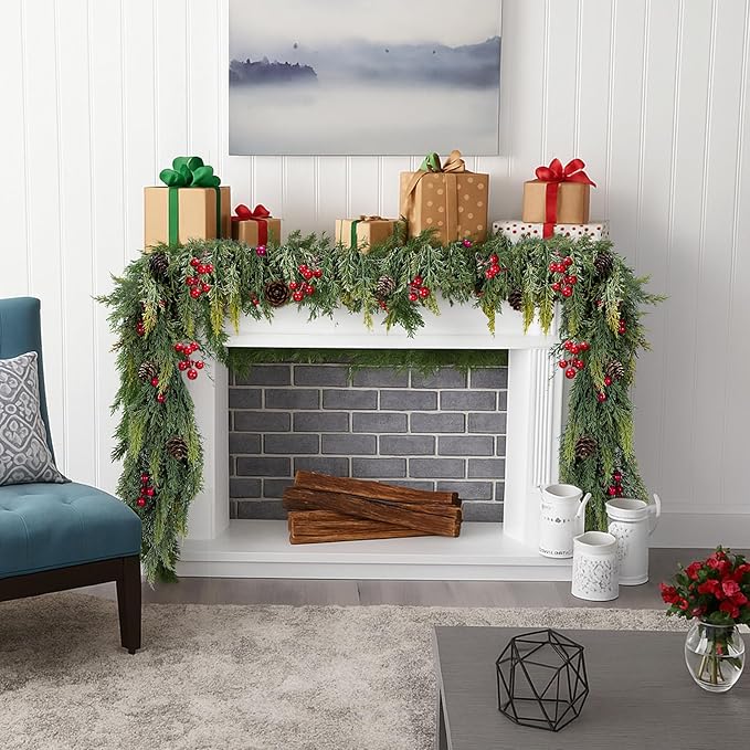 6FT Artificial Cedar Christmas Garland Real Touch Realistic Soft and Thickness Garland Faux Full Greenery Holiday Garland for Mantel, Fireplace, Front Door, Indoor Outdoor Xmas Decoration