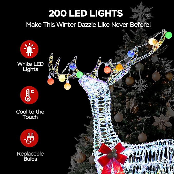 Outdoor Lighted Reindeer Family Christmas Decor, 52" H Iridescent Deer 3D Holiday Yard Decorations with 200 White LED Lights, 3-Piece Set, Perfect for Lawn, Gardern
