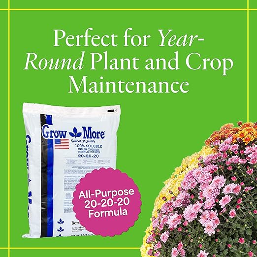 Grow More 20-20-20 Water Soluble Fertilizer - 25lb Bag of All Purpose Fertilizer for Exceptional Crop Yields - All Purpose Plant Food for Vegetables, Flowers, Trees, Shrubs, and Houseplants