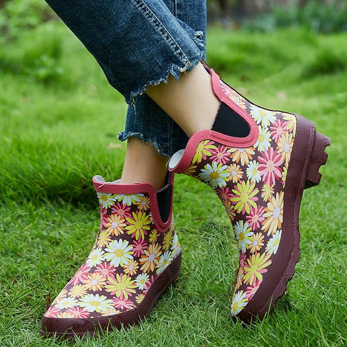 SWIFTFROG Rain Boots for Women - Waterproof Ankle Garden Shoes Anti-Slipping Floral Printed Rainboots for Ladies Stylish Light Ankle Rain Shoes, Women's Rain Footwear