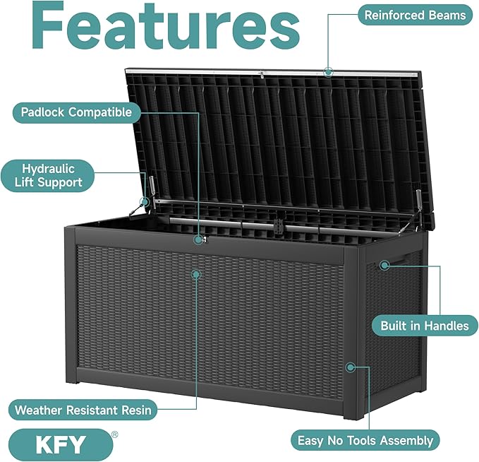 260 Gallon Waterproof Outdoor Storage Box, UV Resistant Resin Deck Box with Hydraulic Rod for Reinforced Stability, Perfect for Patio, Garden, and Pool, Striped Black