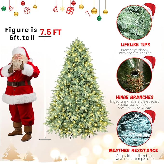 7.5FT Prelit Christmas Tree, Premium Blue Artificial Spruce Christmas Tree with 800 Lights & 2908 PE/PVC Branch Tips, Memory Wire Pre Lit Full Hinged Xmas Trees with Metal Base for Holiday Decoration