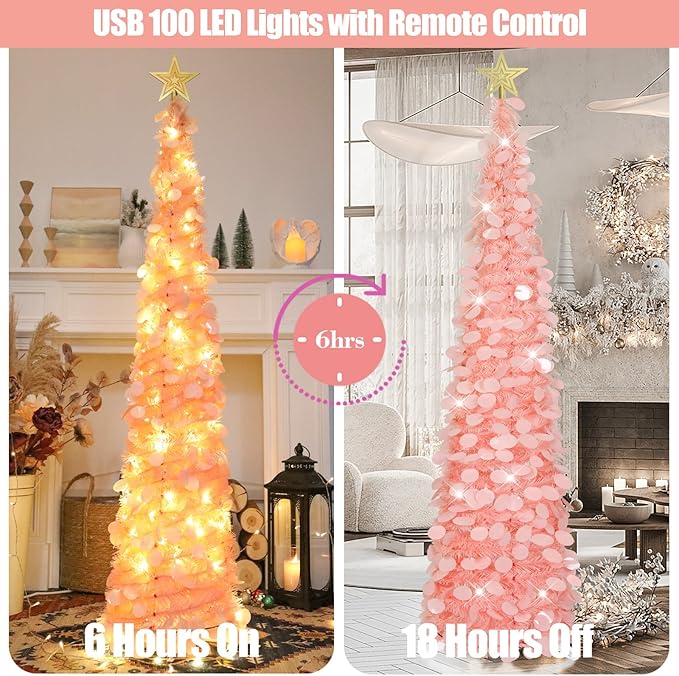 HMASYO 6 FT Pop Up Christmas Tree with 100 LED Lights & Remote, Pink Christmas Tinsel Tree, Collapsible Artificial Pencil Tree for Home Office Party Decor, USB Powered Timer Lights, Easy Assembly