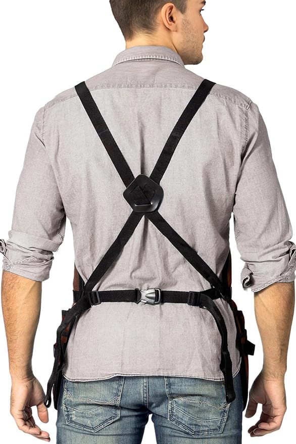 Under NY Sky Tool Apron - 20 Pockets and Slots, Cross-Back, Heavy-Duty Waxed Canvas - Woodwork, Garden, Shop (Brown Cross-Back)