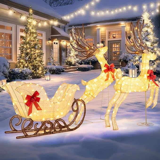 Tangkula 3-Piece Christmas Lighted Reindeer & Sleigh Set, 7 FT Lighted Xmas Holiday Outdoor Yard Decoration Set with Ground Stakes, Indoor & Outdoor Holiday Yard Display for Lawn, Garden