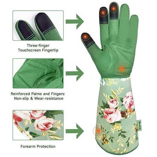 Gardening Gloves, Durable and Comfortable Women's Long Garden Gloves for Gardening Work and Yard Work, Leather Gardening Gloves for Women, Green Print (Medium)