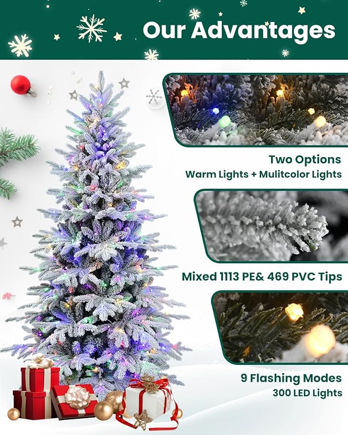 Artificial Christmas Tree with Lights - Leheyhey 6ft Flocked Christmas Tree Prelit - Halloween Xmas Tree for Home Office Store, Holiday Decoration - 1582 PE & PVC Mixed Branch Tips