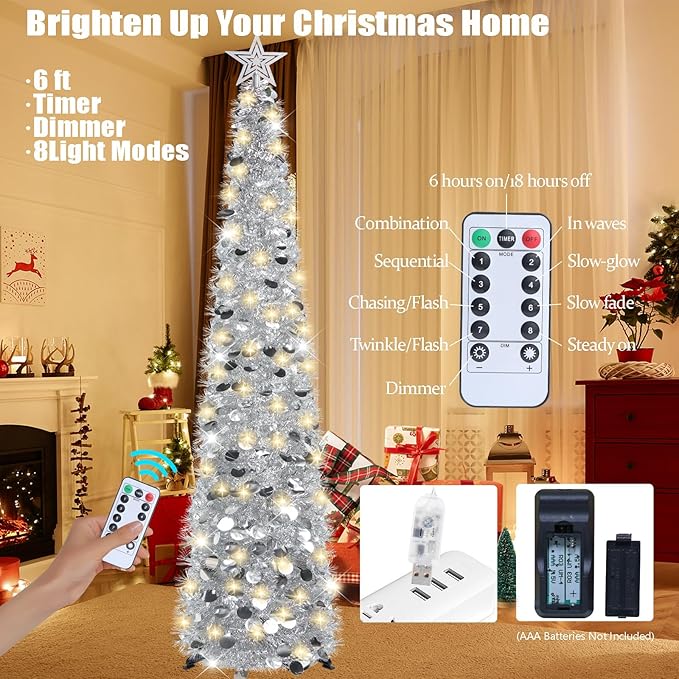 HMASYO 6 FT Pop Up Christmas Tree with 100 LED Lights & Remote, Silver Christmas Tinsel Tree, Collapsible Artificial Pencil Tree for Home Office Party Decor, USB Powered Timer Lights, Easy Assembly