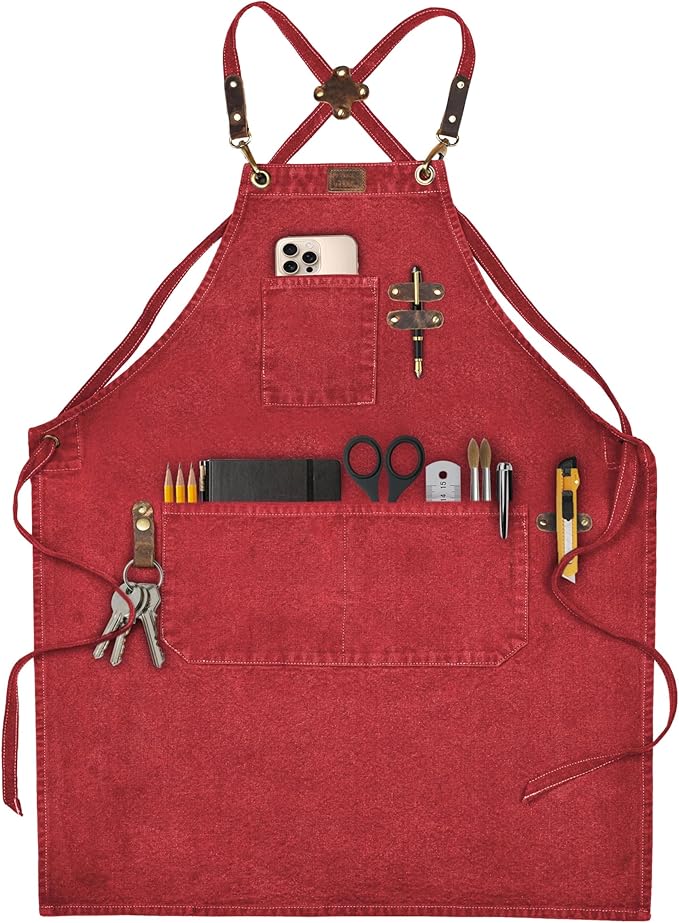 LEATHER VILLAGE Chef Aprons for Men Women with Large Pockets, Cotton Canvas Cross Back Adjustable Work Apron, Size M to XXL