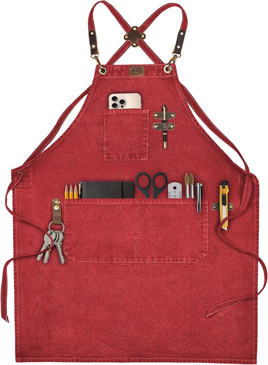 LEATHER VILLAGE Chef Aprons for Men Women with Large Pockets, Cotton Canvas Cross Back Adjustable Work Apron, Size M to XXL
