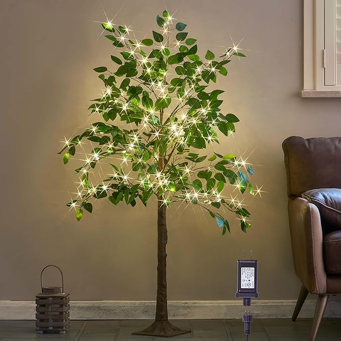 BAOLITVINE Artificial Ficus Silk Tree with Lights 4FT, Lighted Plant Tree with 140 LED Fairy Lights for Home Living Room Spring Summer Decoration