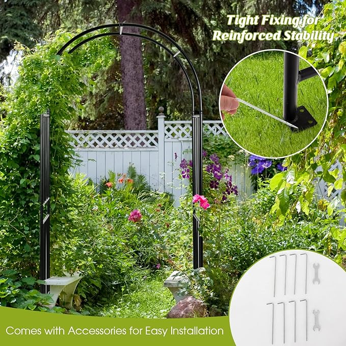 LDAILY Moccha Garden Arch Arbor Trellis, 7.2Ft Outdoor Steel Arbor with Stakes, Metal Archway for Climbing Plants, Wide Sturdy Garden Arch for Lawn, Party, Ceremony Wedding Decoration, Black