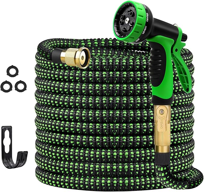 100 FT Expandable Garden Hose, Water Hose with 10-Function High-Pressure Spray Nozzle, Heavy Duty Flexible Hose, 3/4" Solid Brass Fitting