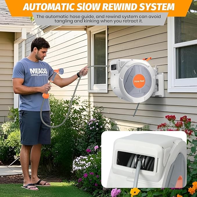 Retractable Garden Hose Reel, EliteEdge 1/2 In x 130 Ft With 9 Function Sprayer Nozzle, Any Length Lock, Automatic Rewind and Slow Return System, Wall Mounted and 180 Deg Swivel Bracket