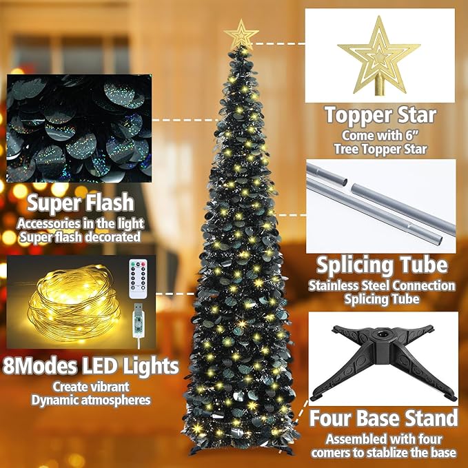 HMASYO 6 FT Pop Up Christmas Tree with 100 LED Lights & Remote, Black Christmas Tinsel Tree, Collapsible Artificial Pencil Tree for Home Office Party Decor, USB Powered Timer Lights, Easy Assembly
