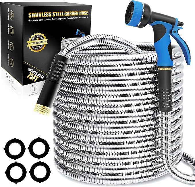 Lefree Garden Hose 75ft, Metal Garden Hose, Stainless Steel Hose with 10-Function Nozzle, Flexible Water Hose, Heavy Duty, Crush Resistant, Leak Proof, No Kinks Garden Hoses for Yard, Outdoors, Rv