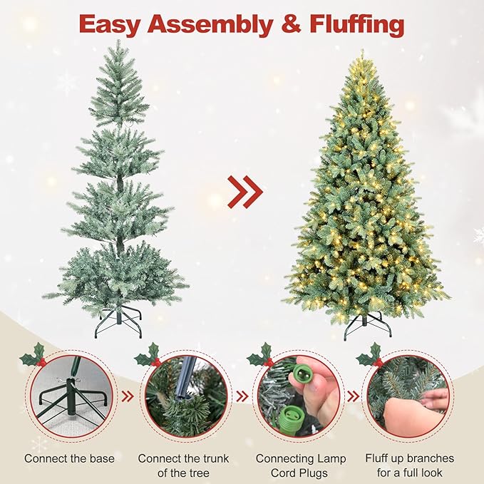 8 Ft Pre-Lit Artificial Christmas Tree, w/ 650 LED Warm Lights, 2458 PE&PVC Mixed Branch Tips, Faux Xmas Tree for Home, Office, Party Decoration, Easy Assembly, Metal Hinges & Foldable Base
