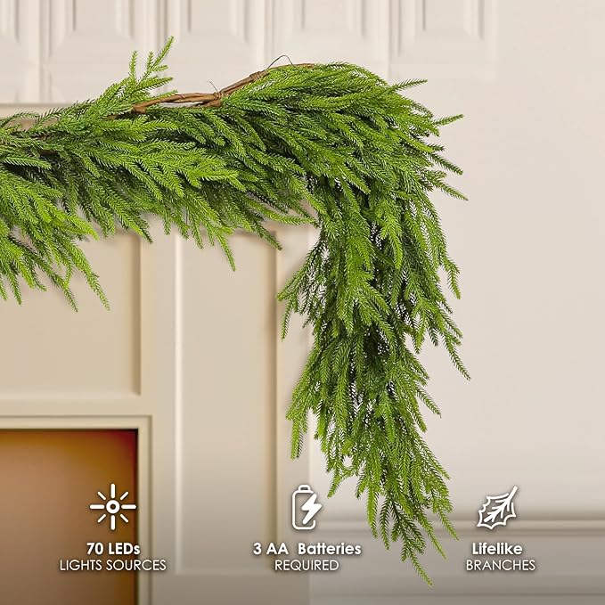 WBHome 6ft Pre-lit Real Touch Norfolk Pine Prelit Christmas Garland, Winter Greenery Garland for Christmas, Holiday Seasonal Outdoor/Indoor Home Decor