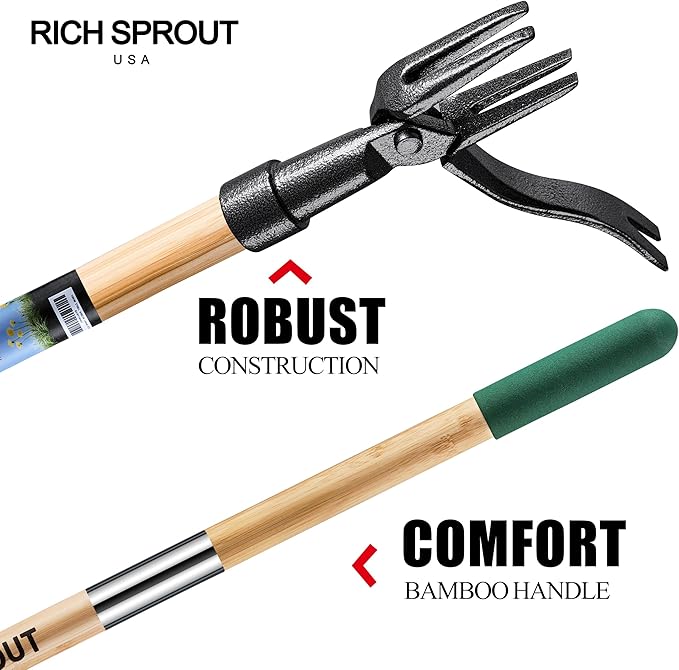 Stand Up Weed Puller Tool, Heavy Duty Weed Remover Tool with Long Handle, 3-Section Real Bamboo Construction - 4 Claw Steel Head Weeder Tool, Eco-Friendly Handle, No More Bendin