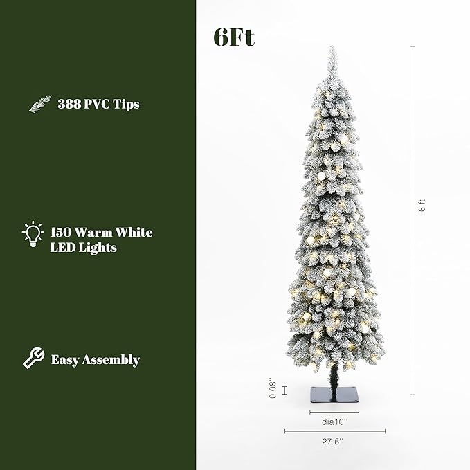 LuxenHome 6FT Flocked Christmas Tree, Slim Pencil Christmas Tree Pre-lit with 150 Warm White LED Globe Lights, Lighted Artificial Christmas Trees with Stand for Indoor, Outdoor Holiday Decorations