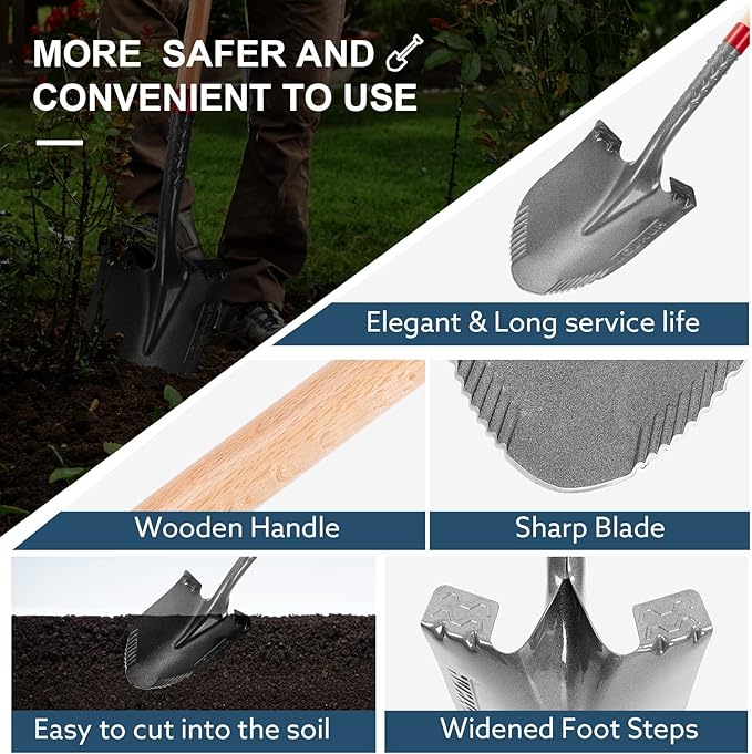 Garden Shovel Round Digging Shovel Heavy Duty Shovels for Digging Trenching Gardening Camping, 43 inches