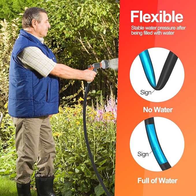 Garden Water Hose 75 ft x 5/8 in Heavy Duty, Flexible and Lightweight, Burst 600 psi, Kink-less Hybrid Rubber Pipe for Backyard, 3/4'' Brass Fittings,Black