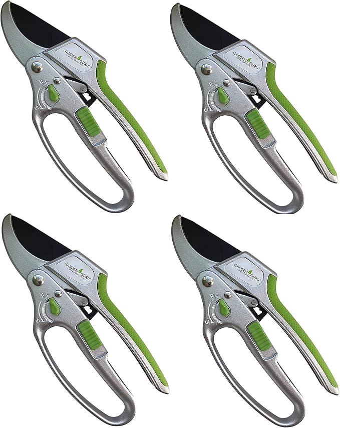 Garden Guru Ratchet Hand Pruning Shears - 2 in 1 Professional Garden Clippers with Ergonomic Grip - Makes Tough Cuts Easy (4 Pack)