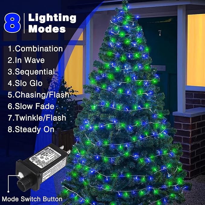 100FT 300 LED Christmas Lights Outdoor, Plug in Christmas String Lights Indoor, Waterproof & 8 Modes & Timer Function, Connectable Fairy Twinkle Light for Bedroom Yard Garden Decorations, Blue Green