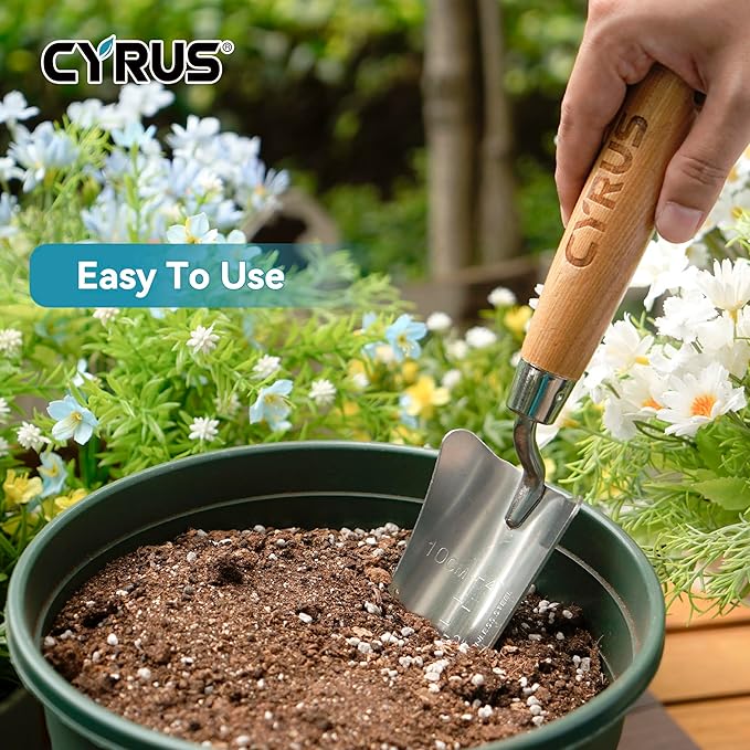 CYRUS 12.4”Garden Shovel,Heavy Duty Small Stainless Steel Garden Trowel with Ash Wood Handle,Suitable for Planting,Measuring,Weeding Multi-Purpose Garden Spade