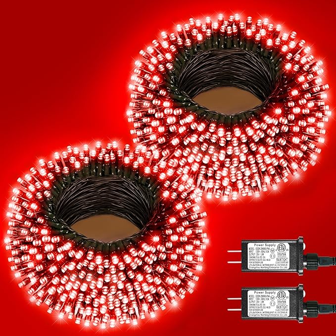2 Pack Christmas Lights Outdoor, Total 200FT 600LED Christmas String Lights with 8 Modes Waterproof, Green Wire Twinkle Tree Lights for Indoor Room Patio Yard Xmas Party Decorations, Red