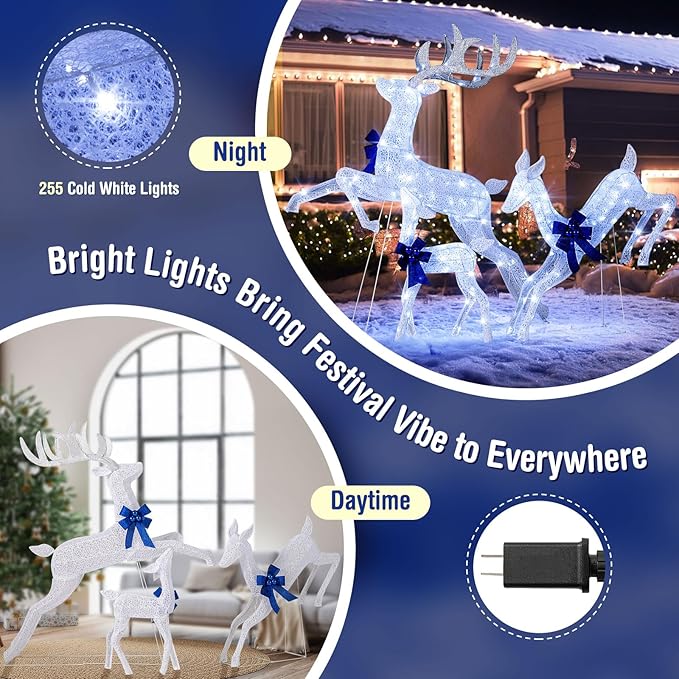 Tangkula 3 Pieces Lighted Christmas Reindeer, Holiday Reindeer Family Set with 255 Cold White Lights, Stakes, Indoor Outdoor Lighted Christmas Decoration for Lawn Yard Garden (White)