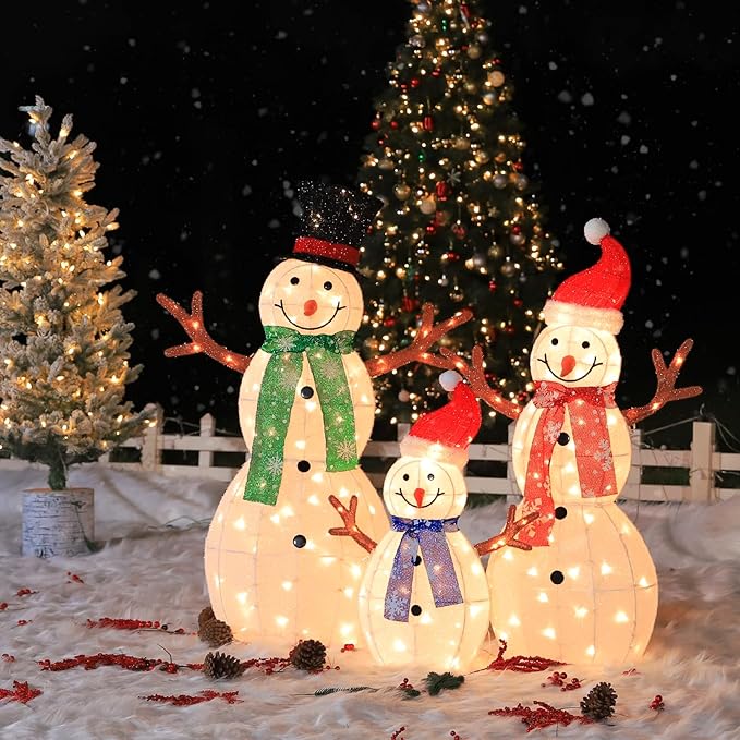 Hykolity 3.5 FT 3D Lighted Outdoor Snowman Family, Set of 3 Light Up Christmas Snowman with 180 Warm White LED Lights for Holiday Decoration, Ground Stakes, Zip Ties