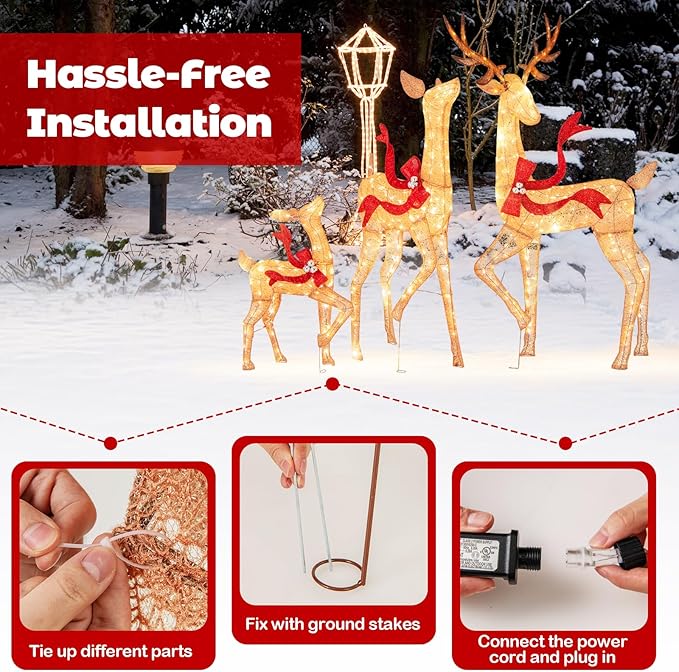 Tangkula 3-Piece Lighted Christmas Reindeer Family Set, 6 FT Xmas Lighted Deer Decorations with 440 Warm White LED Lights & Stakes, Indoor & Outdoor Holiday Decor for Front Yards Garden Lawn Patio