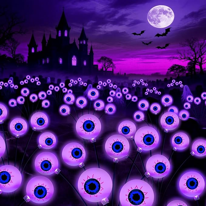 Kohlrabi Halloween Decorations Outdoor, 4 Pack 24 LED Solar Scary Eyeball Swaying Lights, Purple Solar Firefly Light Waterproof Outdoor Garden Lights for Halloween Yard Garden Lawn Party Flower Bed