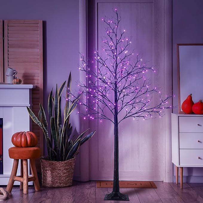 LIGHTSHARE 6FT Halloween Willow Tree 200 LED Lights Artificial Black Spooky Tree for Home, Festival, Nativity,Party, and Christmas Decoration, Indoor and Outdoor Use (Purple, 6FT)