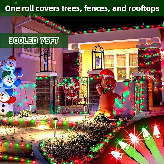 300LED Chrstmas Lights, 75ft Indoor Outdoor Christmas String Lights with 12 Modes, Red & Green ChristmasTree Lights with Timer Dimmable Connectable for Fence Garden Wedding Party Decor Red & Green