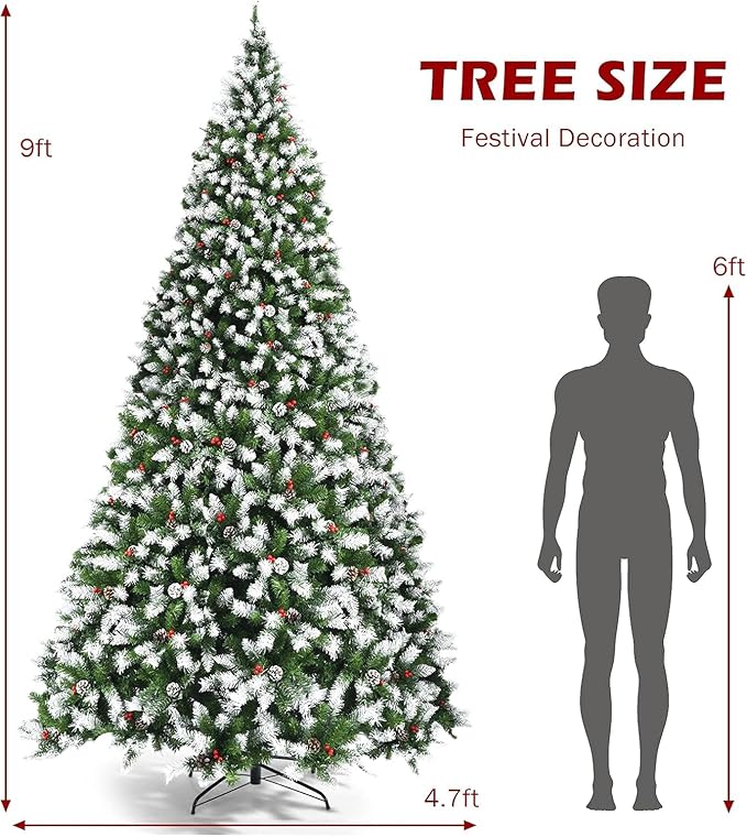 SIMOE 9ft Pre-Lit Snow Flocked Artificial Christmas Tree w/ 2058 Tips, Pine Cones & Berries, Xmas Tree w/Metal Stand and Hinged Branches, Easy Assembly Indoor Holiday Decor