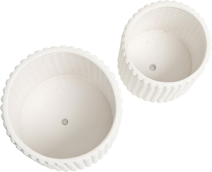 MyGift 6 Inch Ceramic Round Planter Pot, Set of 2 Vintage-Style White Ceramic Flower Pots, Indoor Hobnail Textured Cylindrical Succulent Plant Containers