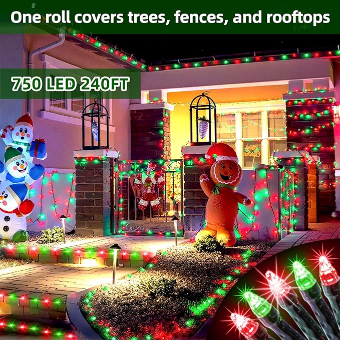750 LED 240FT Christmas Lights Outdoor,12 Lighting Modes Christmas String Lights with Timer, Dimmable Red & Green LED StringLights Waterproof for Yard Tree Wedding Party Holiday Red & Green