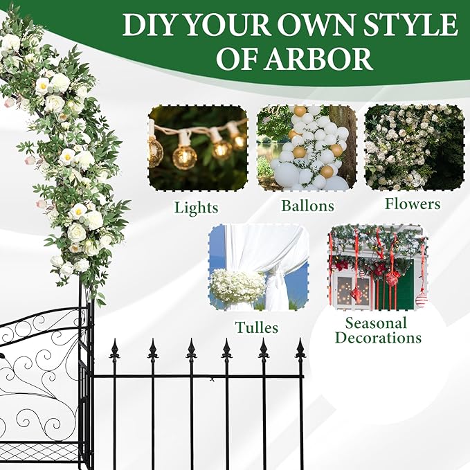 VINGLI Garden Arbor Arch, Wedding Arch Archway for Ceremony Party, Trellis for Plant Climbing, Christmas Decorations Pergola for Backyard, Lawn, Patio, Yard (Arbor with Gate and Fence)